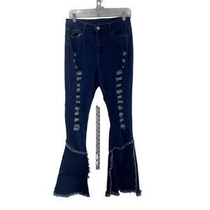 H&Y Fashion Women's Distressed Bell Bottom Blue Flared Jeans XL Cotton Preowned